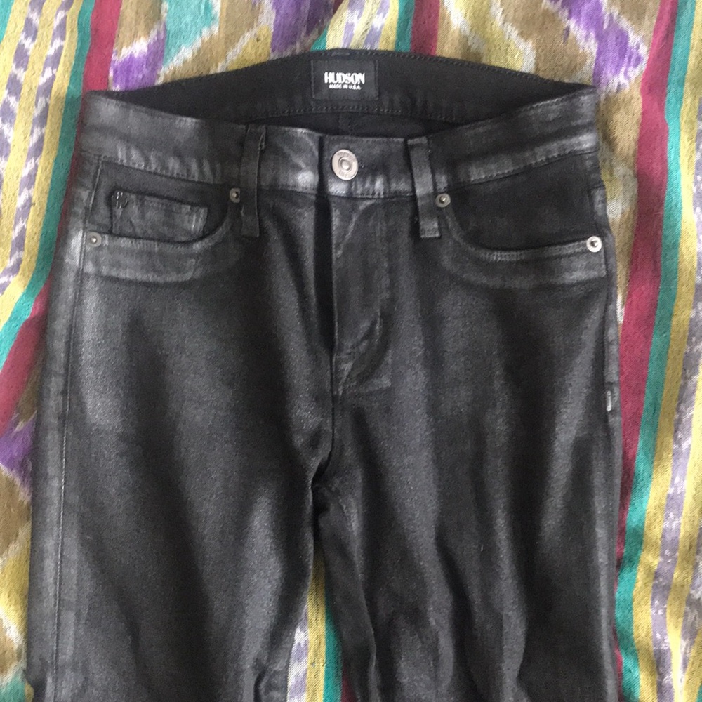 Hudson size 26 stretch shiny black jeans